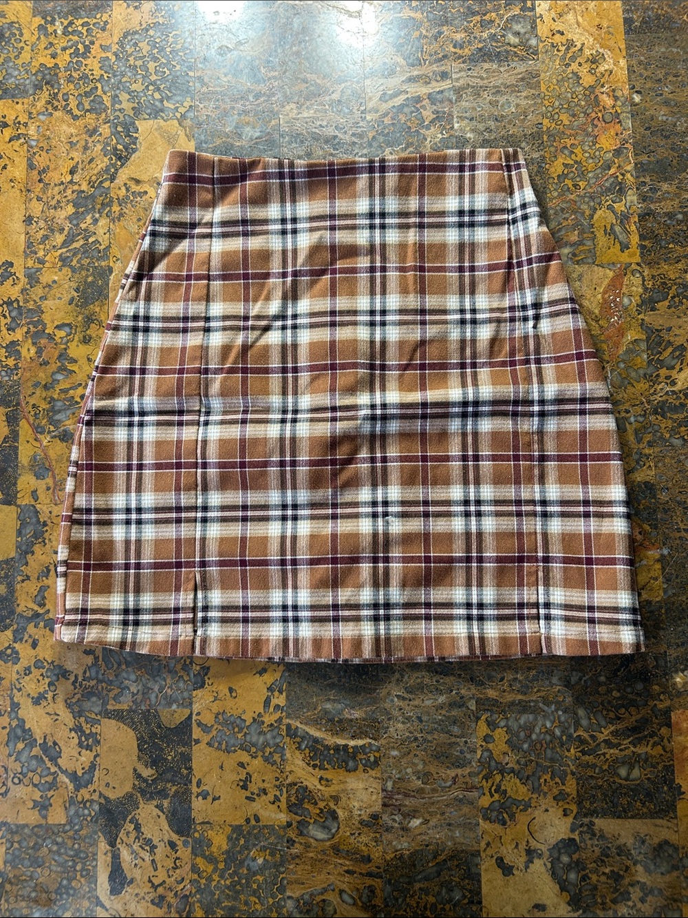 John Galt Plaid Mini Skirt in Brown, Cream, and Burgundy